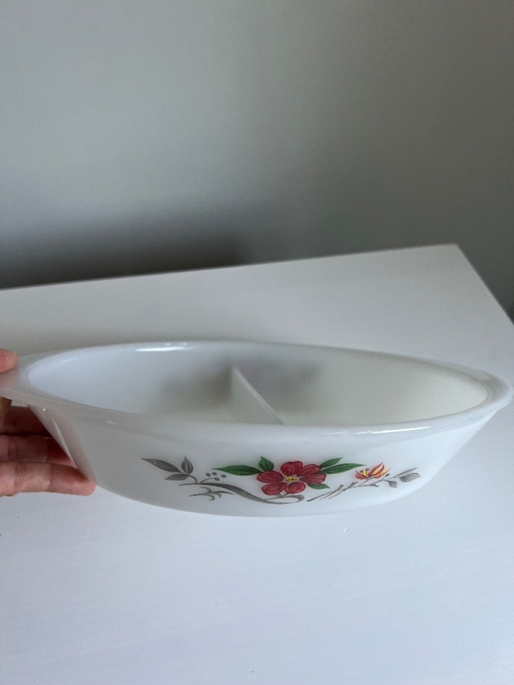 Vintage Glassbake milk glass divided casserole dish J2352.